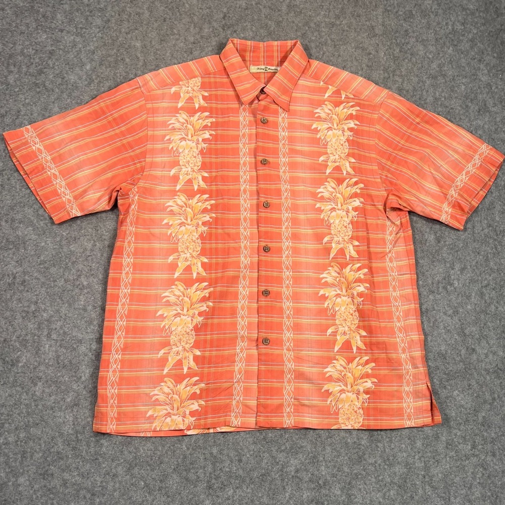 Tommy Bahama Orange Plaid Embroidered Silk Button Down Shirt Men's Size Large